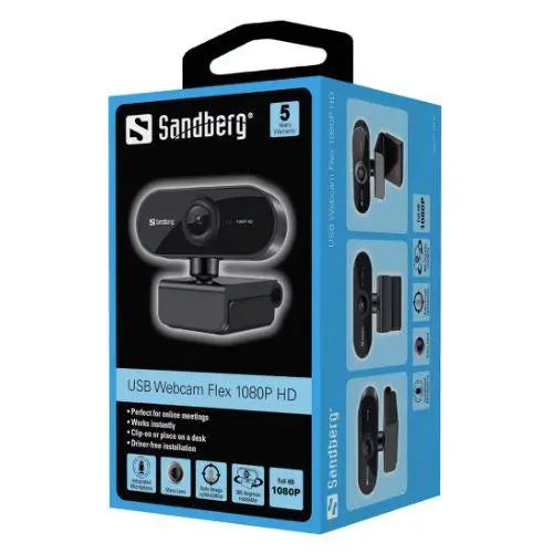 Sandberg USB Flex FHD 2MP Webcam with Mic, 1080p, 30fps, Glass Lens, Auto Adjusting, 360° Rotatable, Clip-on/Desk Mount, 5 Year Warranty - X-Case