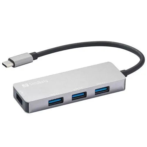 Sandberg External 4-Port USB-A Hub - USB-C Male, 1x USB 3.0, 3x USB 2.0, Aluminium, USB Powered, 5 Year Warranty - X-Case