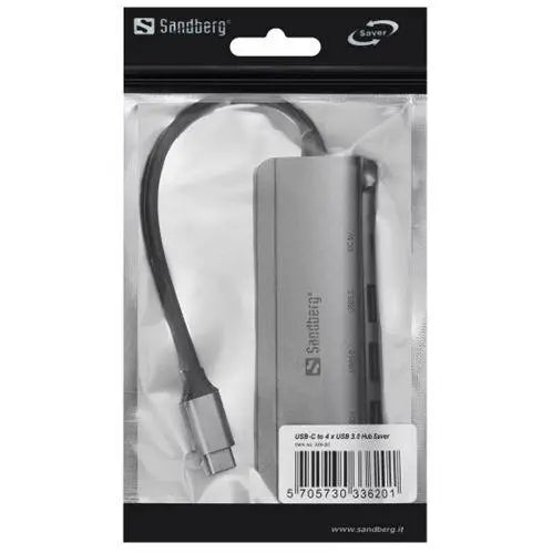 Sandberg External 4-Port USB-A Hub - USB-C Male, 4x USB 3.0 Gen1 Type-A, Aluminium, USB Powered, 5 Year Warranty - X-Case