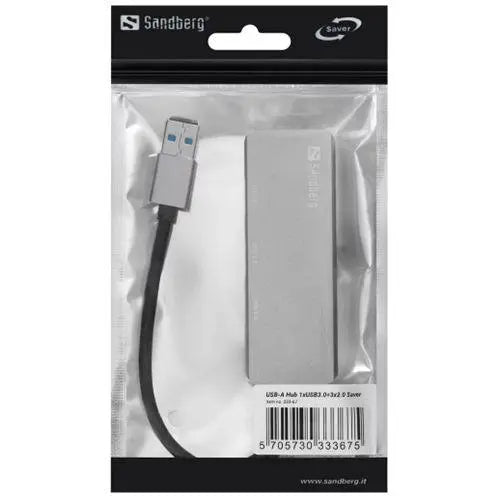 Sandberg External 4-Port USB-A Pocket Hub - USB-A Male, 1 x USB 3.0, 3 x USB 2.0, Aluminium, USB Powered, 5 Year Warranty - X-Case