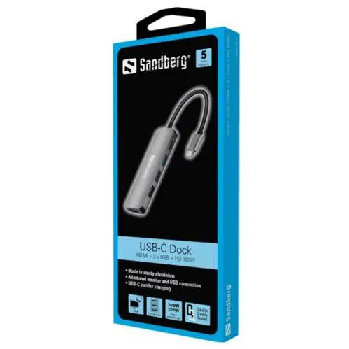 Sandberg (136-32) USB-C 5-in-1 Docking Station - USB-C (up to 100W), HDMI, VGA, 1 x USB 3.0, 2 x USB 2.0, Aluminium, 5 Year Warranty - X-Case
