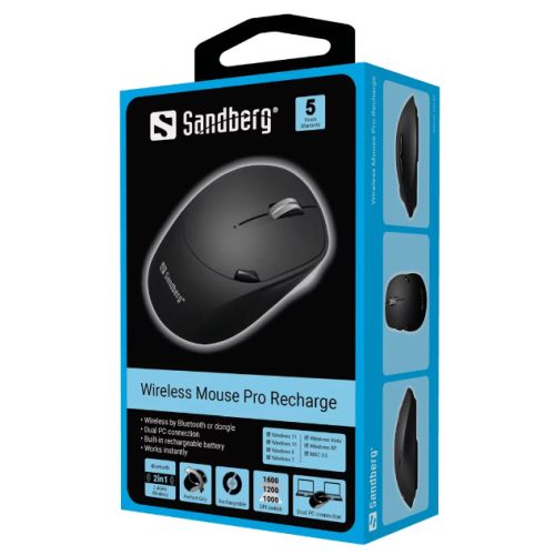 Sandberg (631-02) Wireless/Bluetooth Mouse Pro Recharge, 1600 DPI, 6 Buttons, Rechargeable Battery, Black, 5 Year Warranty-5
