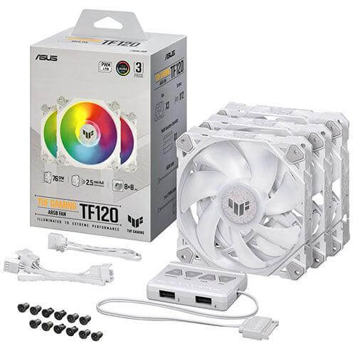 Asus TUF Gaming TF120 ARGB 12cm PWM Case Fans x3, Fluid Dynamic Bearing, Double-layer LED Array, Up to 1900 RPM, ARGB Hub included, White Edition - X-Case.co.uk Ltd