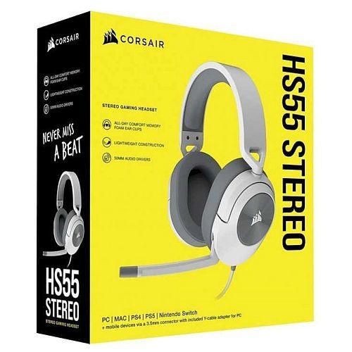 Corsair HS55 Stereo Gaming Headset, 3.5mm Jack, Lightweight, Flip-To-Mute Mic, Memory Foam Earpads, White - X-Case.co.uk Ltd