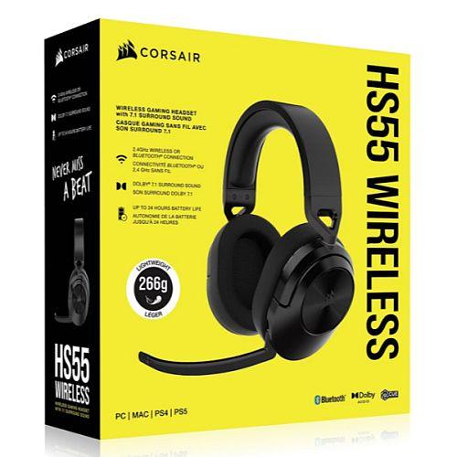 Corsair HS55 Wireless Lightweight Gaming Headset, 2.4GHz/Bluetooth, 24hrs Battery, 7.1 Surround, Flip-To-Mute Mic, Memory Foam, Carbon - X-Case.co.uk Ltd