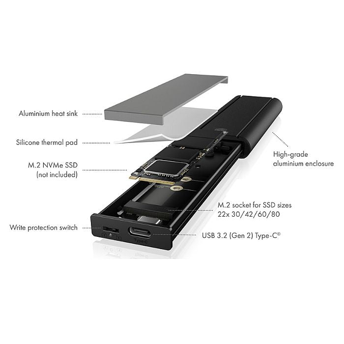 Icy Box (IB-1807MT-C31) M.2 NVMe SSD Caddy, USB 3.2 Gen2 Type-C/Type-A, M.2 22x30/42/60/80, Aluminium, Write Protection - X-Case.co.uk Ltd