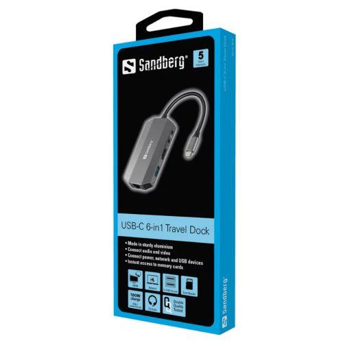 Sandberg (136-33) USB-C 6-in-1 Travel Dock - USB-C (up to 100W), HDMI, 2x USB 3.0, RJ45, Headphone, Microphone, SD/Micro SD/TF Card, Aluminium, 5 Year Warranty - X-Case.co.uk Ltd