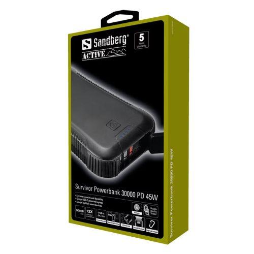 Sandberg (420-48) Survivor PD 45W 30000mAh Outdoor Powerbank, 1x USB-C 45W, 3x USB-A (1 QC 3.0), Power-Through, IP66, Flashlight, 5 Year Warranty - X-Case.co.uk Ltd