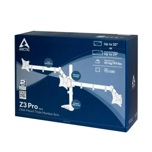 Arctic Z3 Pro (Gen3) Triple Monitor Arm with 4-Port USB 3.0 Hub, Up to 32" Monitors / 29" Ultrawide, 180° Swivel, 360° Rotation - X-Case