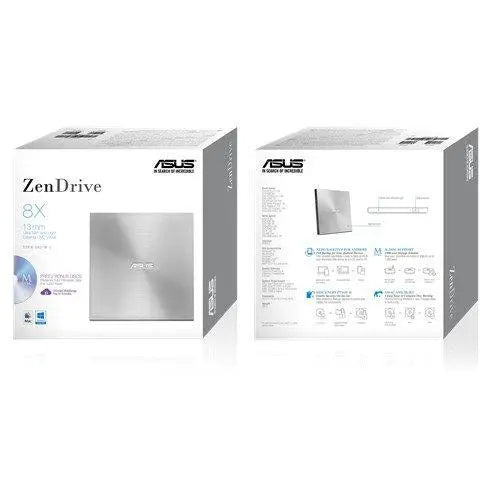 Asus (ZenDrive U7M) External Slimline DVD Re-Writer, USB, 8x, Silver, M-Disc Support, Cyberlink Power2Go 8 - X-Case