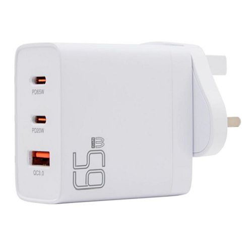 Pama 3-pin Wall Plug USB-C & USB-A Charger, 1x USB-C 65W (for Laptops), 1x USB-C 20W, 1x USB-A QC3.0-0