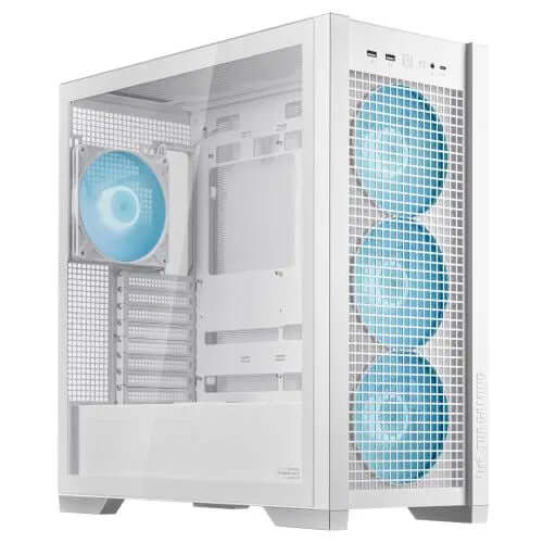 Asus TUF Gaming GT302 ARGB Case w/ Glass Window, E-ATX, 4x ARGB Fans, Interchangeable Side Panel, USB-C, Asus BTF Compatible, White