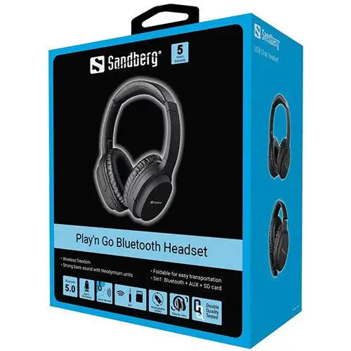 Sandberg Play&#39;n Go Bluetooth/3.5mm Jack Headset w/ Microphone, 3-in-1(Bluetooth+AUX+SD card), 40mm Driver,  Foldable, 5 Year Warranty - X-Case