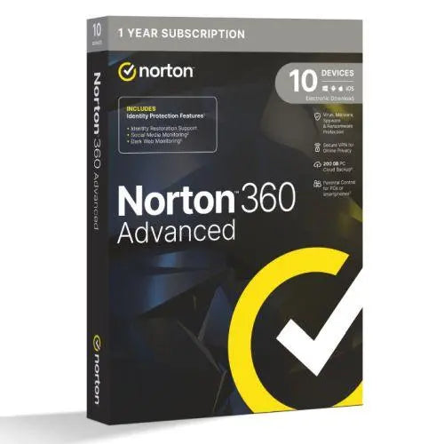 Norton 360 Advanced 1x 10 Device, 1 Year Retail Licence - 200GB Cloud Storage - PC, Mac, iOS & Android *Non-enrolment* - X-Case