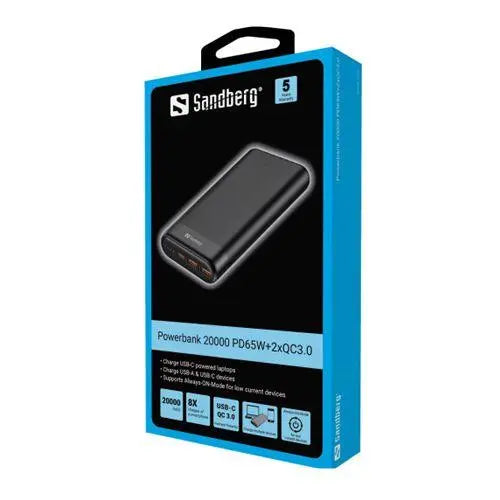 Sandberg 20000 mAh Powerbank, USB-A, QC 3.0, USB-C PD 65W Fast Charge, 5 Year Warranty - X-Case
