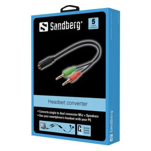 Sandberg Headset Converter - Single Jack to Dual Connector Mic & Speakers, 5 Year Warranty - X-Case