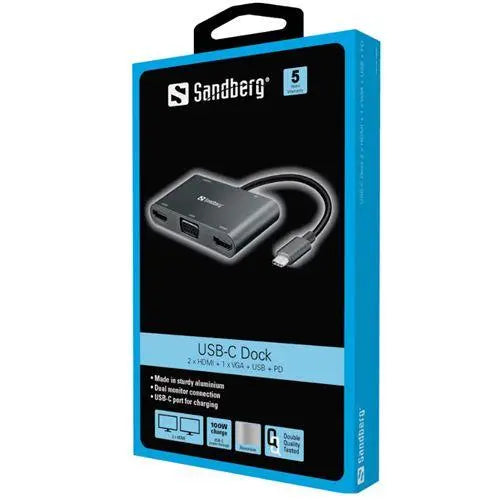Sandberg (136-35) USB-C 5-in-1 Docking Station - USB-C (up to 100W), 2 x HDMI, VGA, USB-A, Aluminium, 5 Year Warranty - X-Case