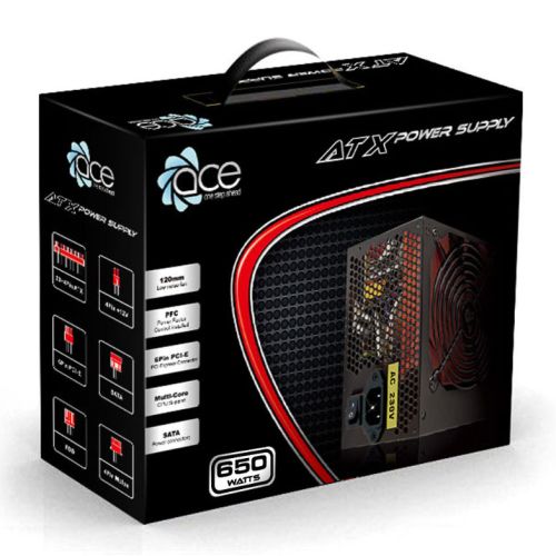 Ace 650W PSU, ATX 12V, Active PFC, 4 x SATA, PCIe, 120mm Silent Red Fan, Black Casing-2