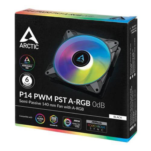 Arctic 14cm P14 Semi-Passive PWM PST ARGB Case Fan, Fluid Dynamic, 12 LEDs, 200-1900 RPM, 0dB Mode - X-Case.co.uk Ltd