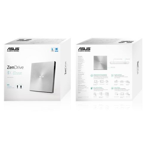 Asus (ZenDrive U9M) External Slimline DVD Re-Writer, USB-A / USB-C, 8x, Black, M-Disc Support, Cyberlink Power2Go 8, Silver - X-Case.co.uk Ltd