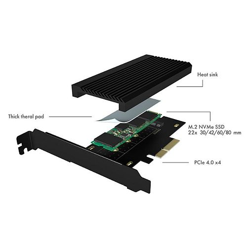 Icy Box (IB-PCI208-HS) PCIe 4.0 x4 NVMe Converter Card, Supports M.2 2230/42/60/80, Aluminium Heatsink, Full/Low Profile Brackets - X-Case.co.uk Ltd