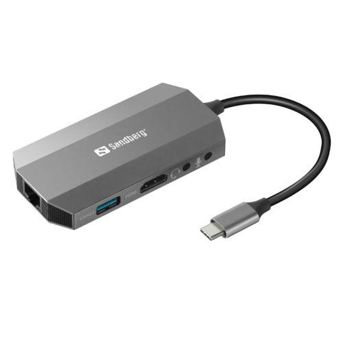 Sandberg (136-33) USB-C 6-in-1 Travel Dock - USB-C (up to 100W), HDMI, 2x USB 3.0, RJ45, Headphone, Microphone, SD/Micro SD/TF Card, Aluminium, 5 Year Warranty - X-Case.co.uk Ltd