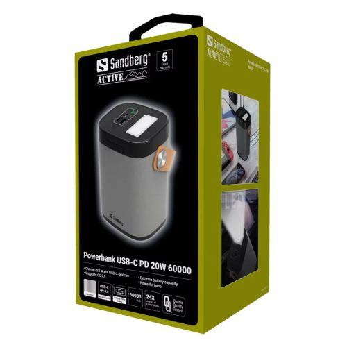 Sandberg (420-71) PD 20W 60000mAh Powerbank, 1x USB-C (QC 3.0), 2x USB-A, Power-Through, Flashlight, Status Display, Aluminium, 5 Year Warranty - X-Case.co.uk Ltd