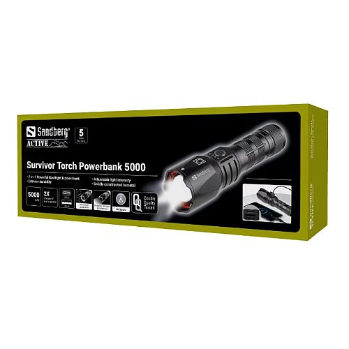 Sandberg (420-89) Survivor Torch Powerbank, 5000mAh, IPX4, 5 Light Modes, Telescopic Zoom, 1200 Lumens, 5 Year Warranty - X-Case.co.uk Ltd