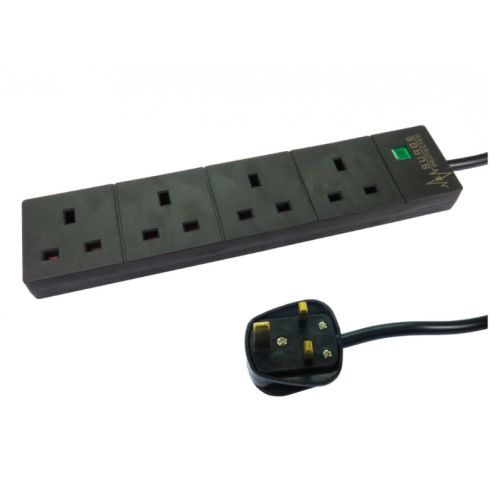 Spire Mains Power Multi Socket Extension Lead, 4-Way, 2M Cable, Surge Protected, Status LED, Black - X-Case