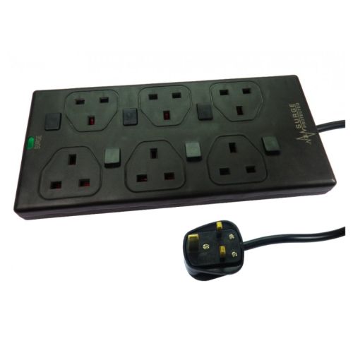 Spire Mains Power Multi Socket Extension Lead, 6-Way, 3M Cable, Surge Protected, Status LED, Individually Switched, Black - X-Case