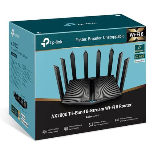 TP-LINK (Archer AX95) AX7800 Tri-Band 8-Stream Wi-Fi 6 Router, 5-Port (1x 2.5G), USB, OFDMA & MU-MIMO, Quad-Core CPU - X-Case.co.uk Ltd