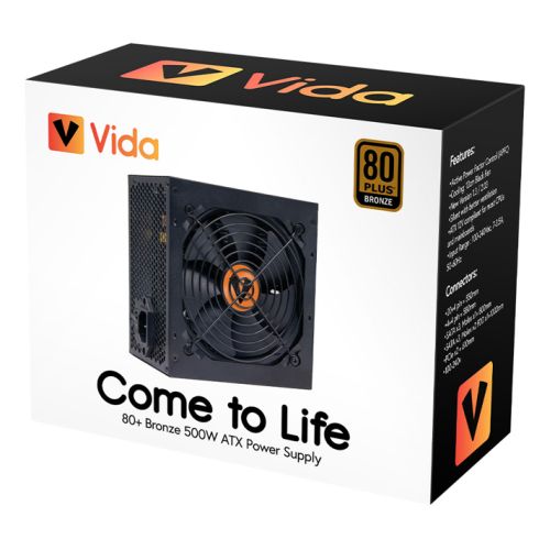 Vida 500W ATX PSU, 80+ Bronze, Fluid Dynamic Ultra-Quiet Fan, PCIe, Flat Black Cables, Power Lead Not Included - X-Case.co.uk Ltd